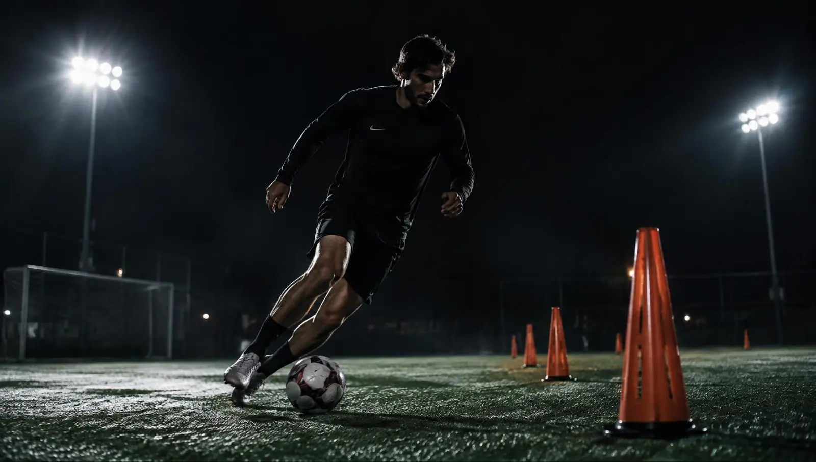 Soccer player training under floodlights